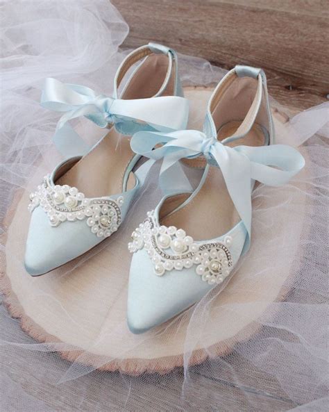 Light Blue Satin Pointy Toe Flats With Small Pearls Applique Etsy In