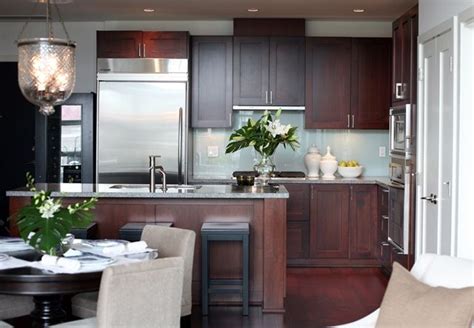 High quality cherry red cabinet paint photo from houzz. Cherry Kitchen Cabinets With Gray Wall And Quartz ...