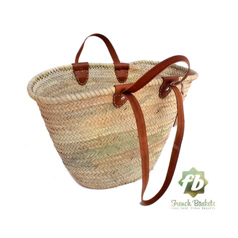 Luxury Straw French Baskets Long Flat Leather Handle French Baskets