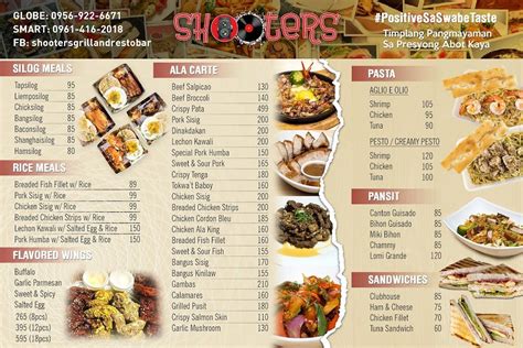 Menu At Shooters Grill And Restobar Quezon City