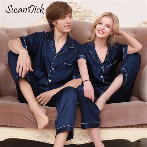 susandick luxury couple pajama set silk short sleeve soft chinese silk sleeping clothes summer