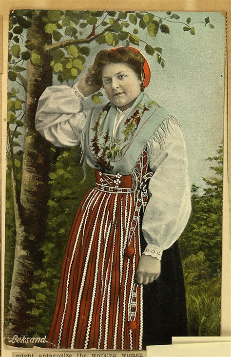 postcard labeled leksand shows swedish woman in traditional folk costume library of congress