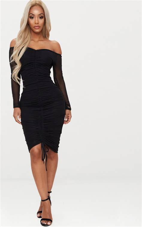 Shape Black Mesh Ruched Bardot Midi Dress Prettylittlething Aus