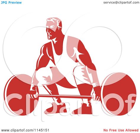 Clipart Of A Retro Red Bodybuilder Lifting A Barbell Royalty Free