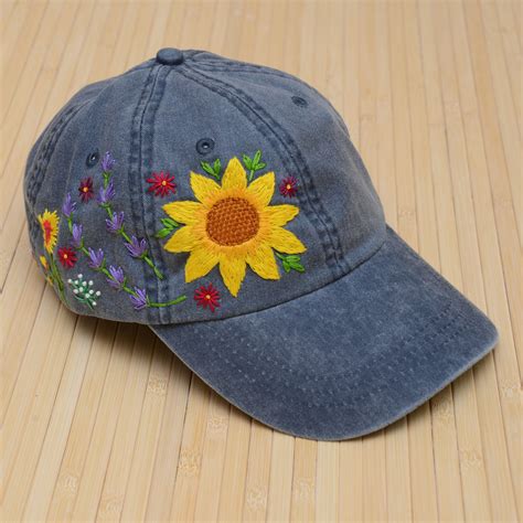 Hand Embroidered Sunflower Cap Stitched Hat For Woman Etsy In 2021 Hand Embroidered Hand