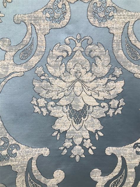 New Designer Satin Burnout Damask Drapery Upholstery Fabric Blue Bty