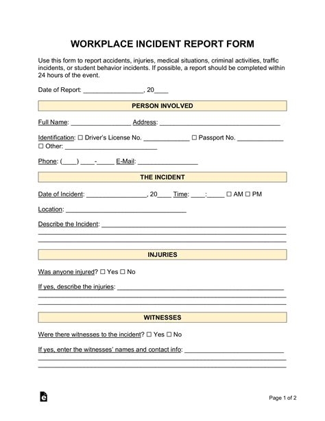 Free Workplace Incident Report Template Pdf Word Eforms