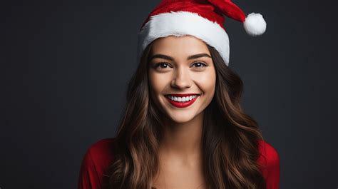 Happy Christmas Beauty Woman Wears Red Shirt Isolated On Gray