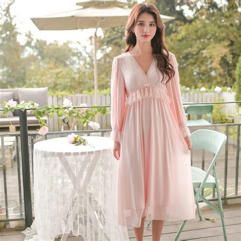 Pink Nightgown Woman Spring Summer Nightgowns V Neck Lace Sleepwear
