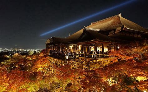 Hd Wallpaper Kyoto Temple Night Trees Kiyomizu Dera Illuminated