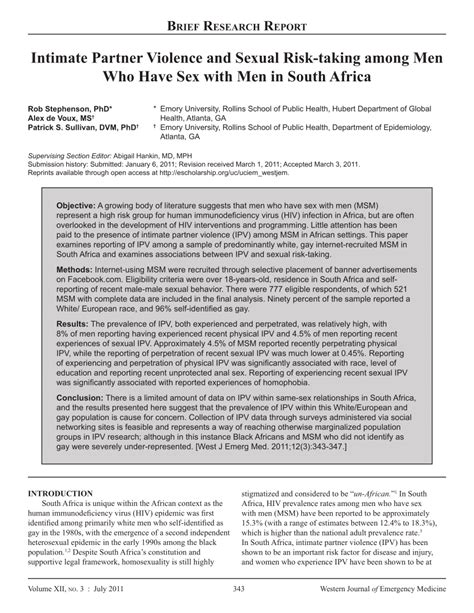 Pdf Intimate Partner Violence And Sexual Risk Taking Among Men Who Have Sex With Men In South