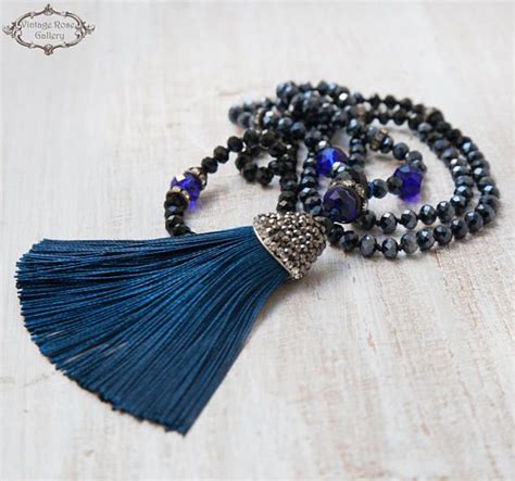 Black Friday Sale Silk Tassel Necklace Boho Chic Necklace Blue