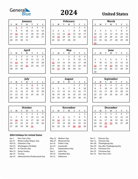 2024 United States Calendar With Holidays Bút Chì Xanh