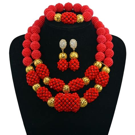 Juego De Joyas Con Cuentas Rojas Africanas Collar Nupcial Para Boda