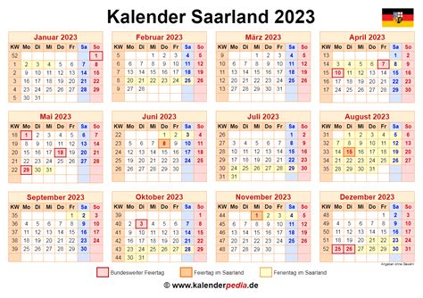 Kalender 2023 Saarland Ferien Feiertage Excel Vorlagen