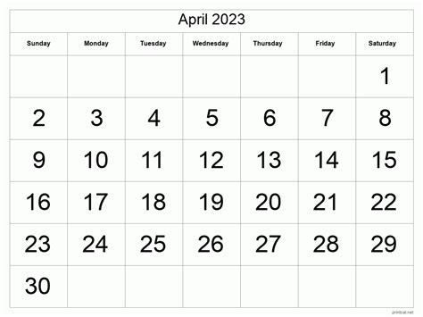 Printable April 2023 Calendar Big Dates