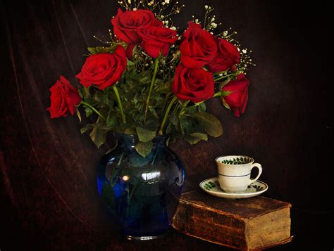 Image Red Roses Flower Cup Vase Book Still Life