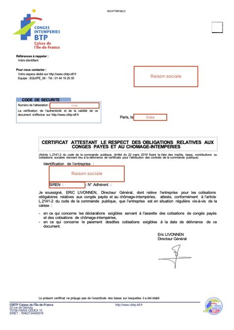 Certificat Attestant Le Respect Des Obligations Relatives Aux Cong S Pay S Et Au Ch Mage