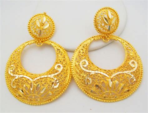 Traditional Chand Bali Design Hoop Earrings Filigree 22k Gold Plated