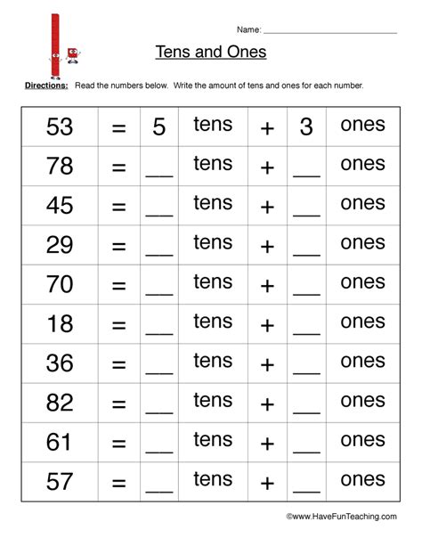 This worksheet asked kids to look at a variety of numbers and to fill in the boxes to record the correct number of tens and ones for each number. Tens Ones Worksheet 1