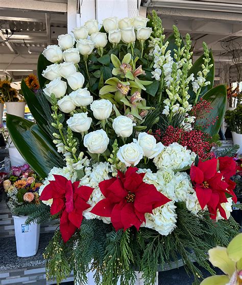 Poinsettia And White Rose Arrangement Casablanca Flowers