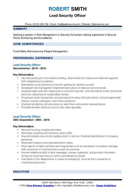 Security officers' responsibilities depend on the employer, so your resume details may differ from company to company. Lead Security Officer Resume Samples | QwikResume