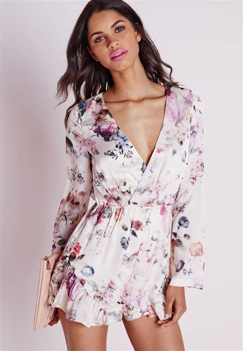 Missguided Floral Frill Silky Wrap Playsuit Multi Wrap Playsuit