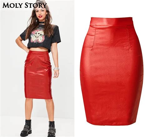 Ladies Knee Length Pu Red Skirts Women Stretchy High Waisted Faux Leather Skirts Plus Size Jupes