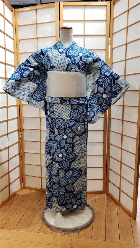 Traditional Yukata Floral Shibori In Natural Indigo Kimono House Nyc