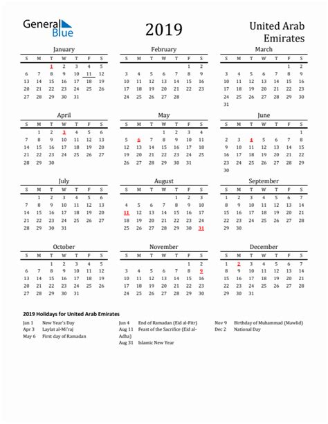 2019 United Arab Emirates Calendar With Holidays