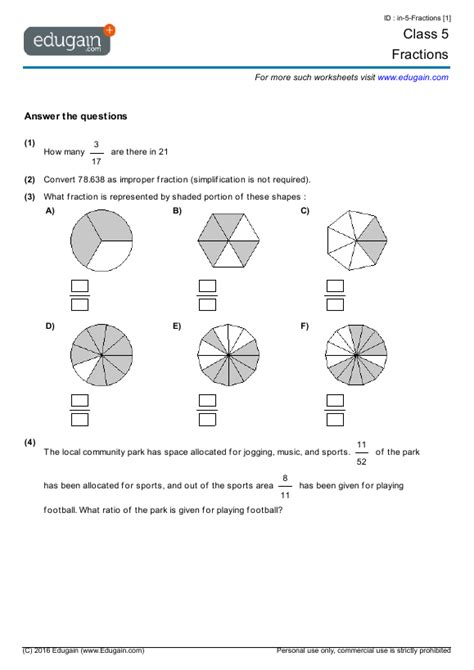 Grade 5 Math Worksheets And Problems Fractions Edugain Usa