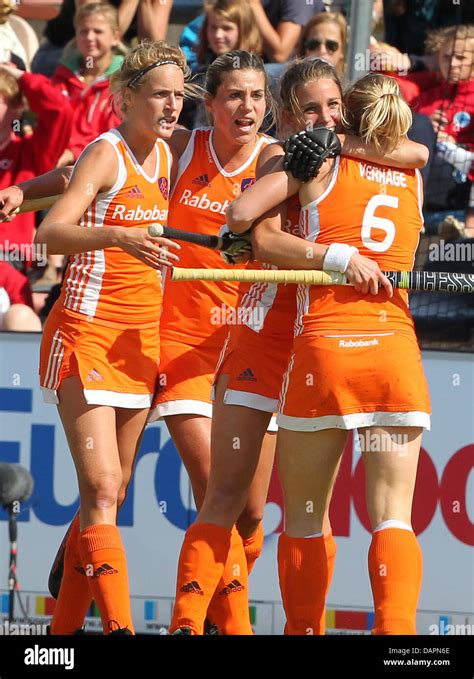 Dutch Scorer Ellen Hoog C Cheers With Her Team During The Women S Eurohockey Nations