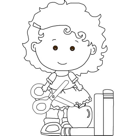 Girl In School Coloring Page Scissors Apple And Books