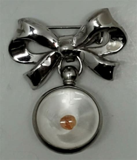 Vtg Coro Mustard Seed Silver Tone Ribbon Bow Pin Brooch Round Lucite