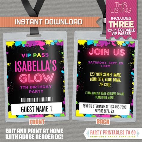 Neon Glow Party Vip Pass Invitations Neon Glow Party Vip