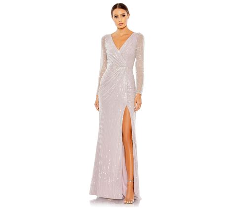 Mac Duggal Sequined Faux Wrap Long SleeveGown With Slit QVC Com