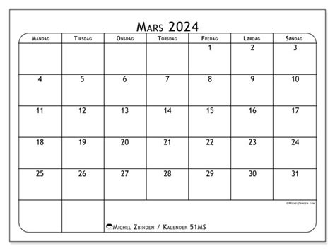 Kalender For Mars 2024 For Utskrift “51ms” Michel Zbinden No
