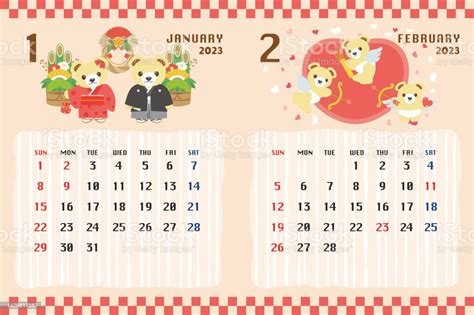 Cute Bears Calendar Template For 2023 Year With Japanese Events Stock