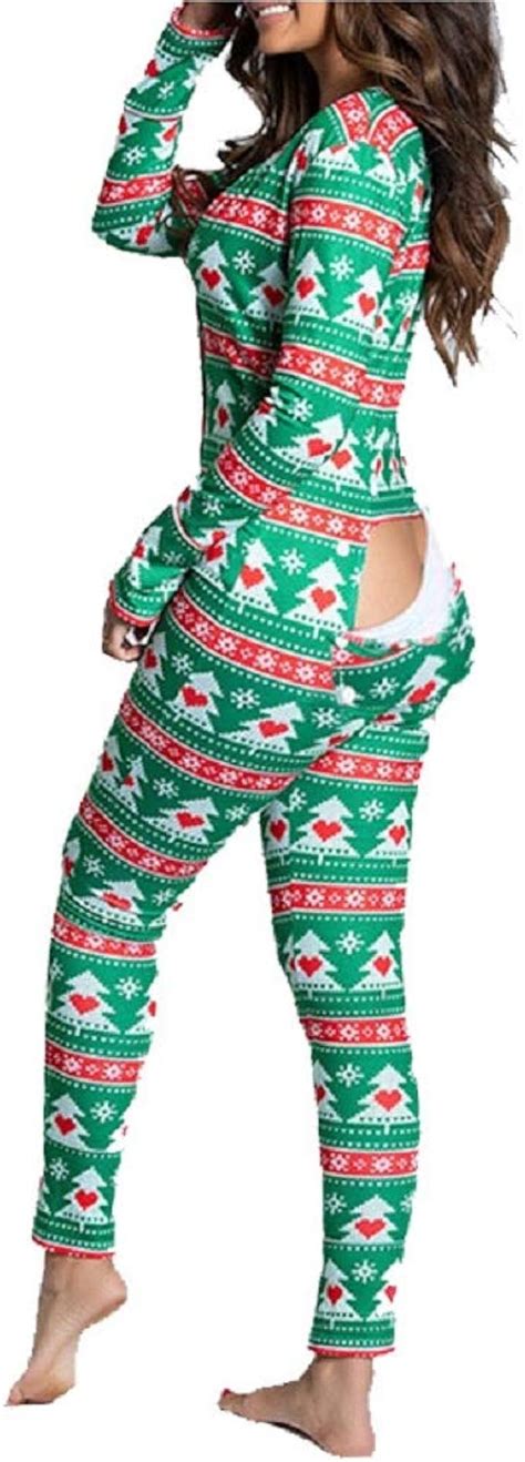 Damen Weihnachten V Ausschnitt Bodysuit Sexy Einteiler Pyjama Jumpsuits Langarm Abnehmbarer