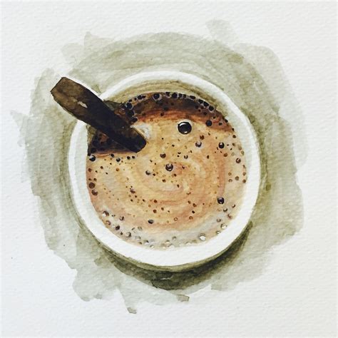 A Watercolor Painting Of A Cup Of Coffee With A Spoon In The Top Half