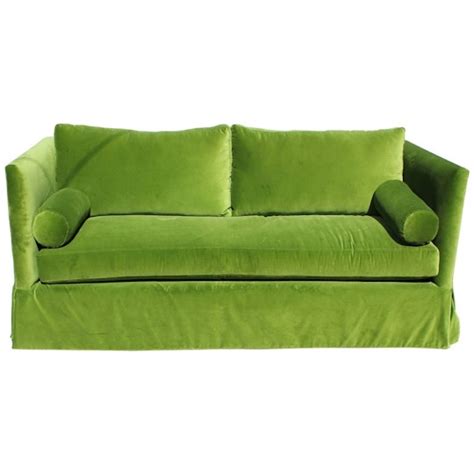 Custom Modern Even Armed Skirted Green Velvet High Back Sofa
