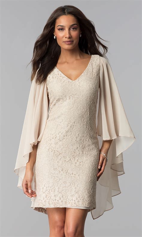 Champagne Caped Short Lace Mother Of The Bride Dress