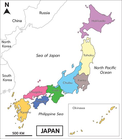 Japan Vector Map Colored Included Eight Regions And Neighboring
