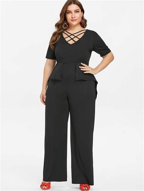 wipalo plus size 5xl v neck wide leg pants elegant jumpsuit women black short sleeve overlay
