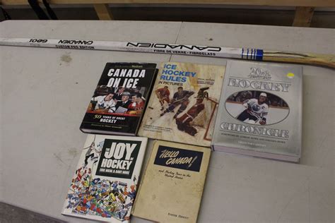 Canadien, hockey, gear, stick, 6001, equipment, helmet, pads, retro, vintage, g2. Canadien 6001 Signed Hockey Stick& Hockey Related Books