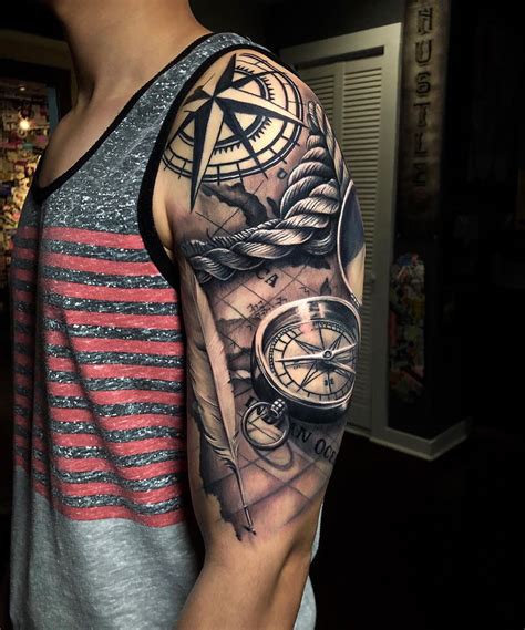 Map And Compass Upper Arm Tattoo