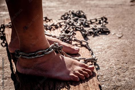 Chain On Feet Of Female Prisoners Concept Of Imprisonment Punishment For Offenders Dark Tone