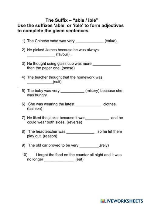 The Suffixes Able Ible Worksheet Live Worksheets