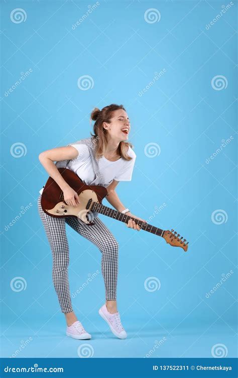 Young Woman Playing Electric Guitar Stock Image Image Of Lifestyle
