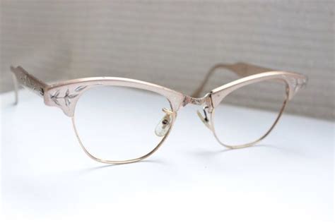 vintage 50s cat eye glasses 1960 s browline eyeglasses peach aluminum etched silver combination